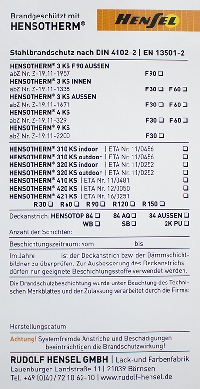 Kennzeichnungsschild für Stahl Brandschutzbeschichtungen der Marke Hensotherm